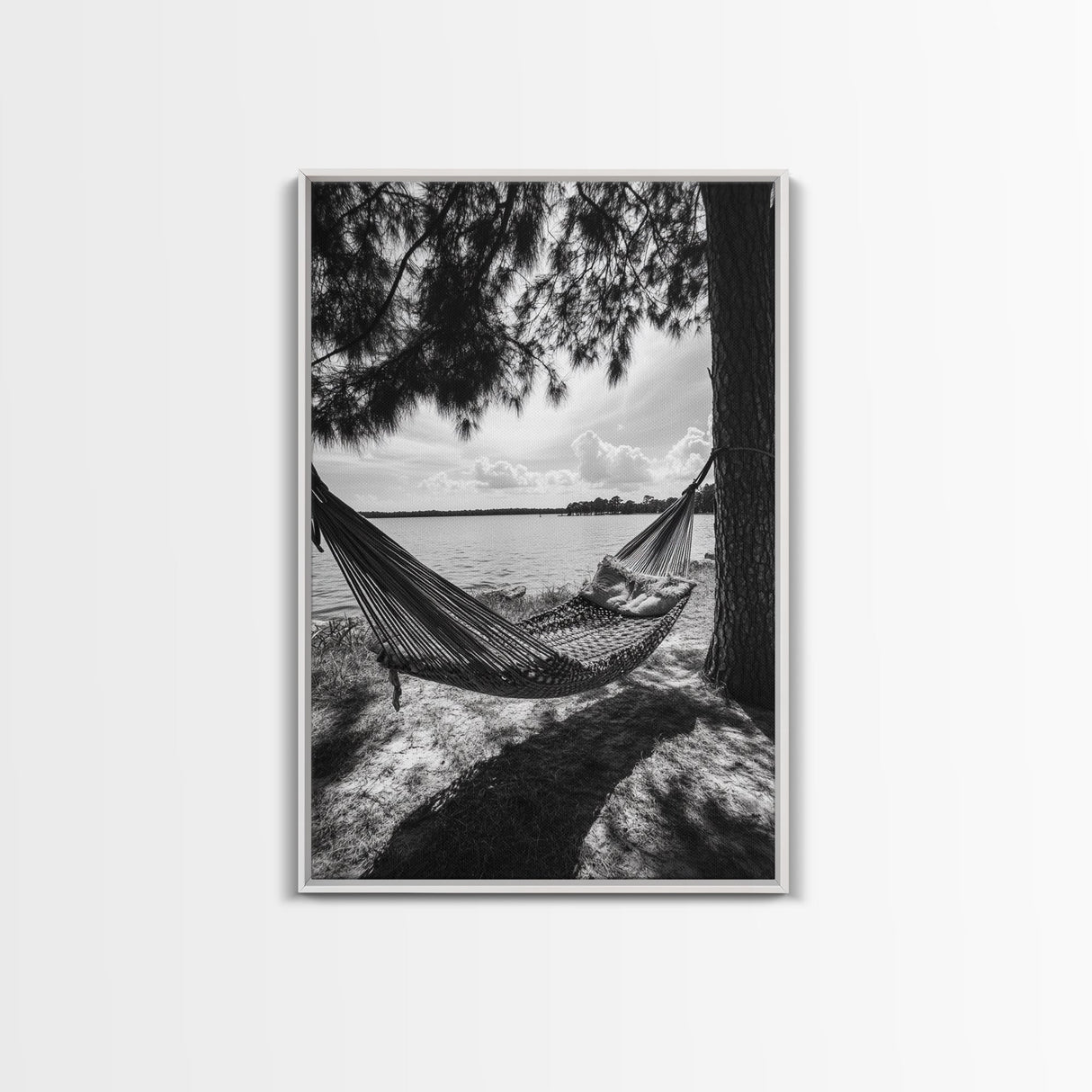 Hammock Lake View, Peaceful Retreat, Summer Breeze, Canvas Print, Boho Outdoor Art, Bedroom Relaxation Decor, Minimalist Coastal Vibe