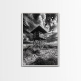 Lifeguard Tower Drama, Windy Beach Sky, Ocean Landscape, Canvas Print, Coastal Wall Art, Moody Surreal Decor, Living Room Statement Art