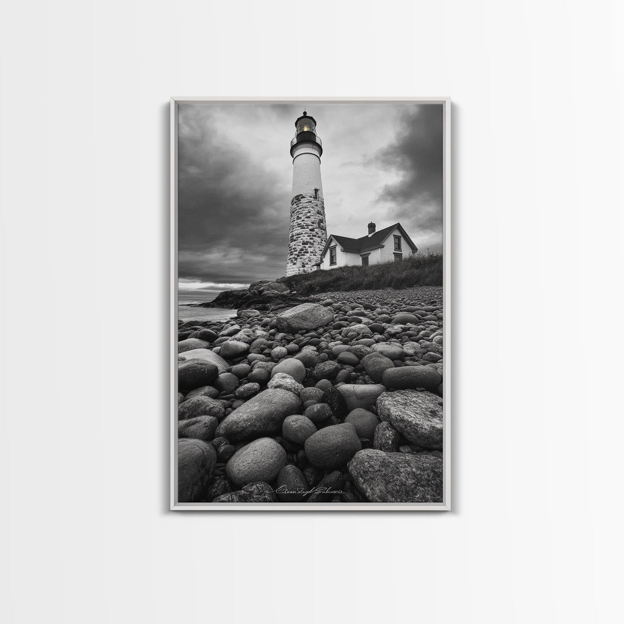 Lighthouse Shore Rocks, Coastal Beacon, Moody Clouds, Framed Canvas Print, Nautical Wall Art, Rustic Beach House Decor, Fall Storm Style