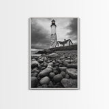 Lighthouse Shore Rocks, Coastal Beacon, Moody Clouds, Framed Canvas Print, Nautical Wall Art, Rustic Beach House Decor, Fall Storm Style