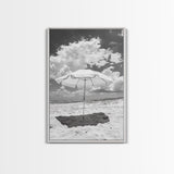 Beach Umbrella, Sunny Escape, Coastal Cloudscape, Framed Canvas Print, Summer Vibe Wall Art, Outdoor Living Decor, Travel Mood