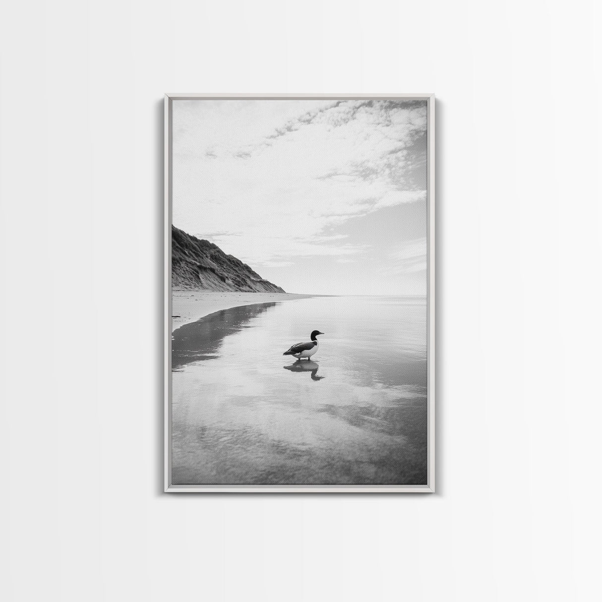 Lone Loon, Quiet Reflection, Coastal Bird, Framed Canvas Print, Nature Wall Art, Bathroom Decor, Serene Black and White Art