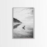Lone Loon, Quiet Reflection, Coastal Bird, Framed Canvas Print, Nature Wall Art, Bathroom Decor, Serene Black and White Art