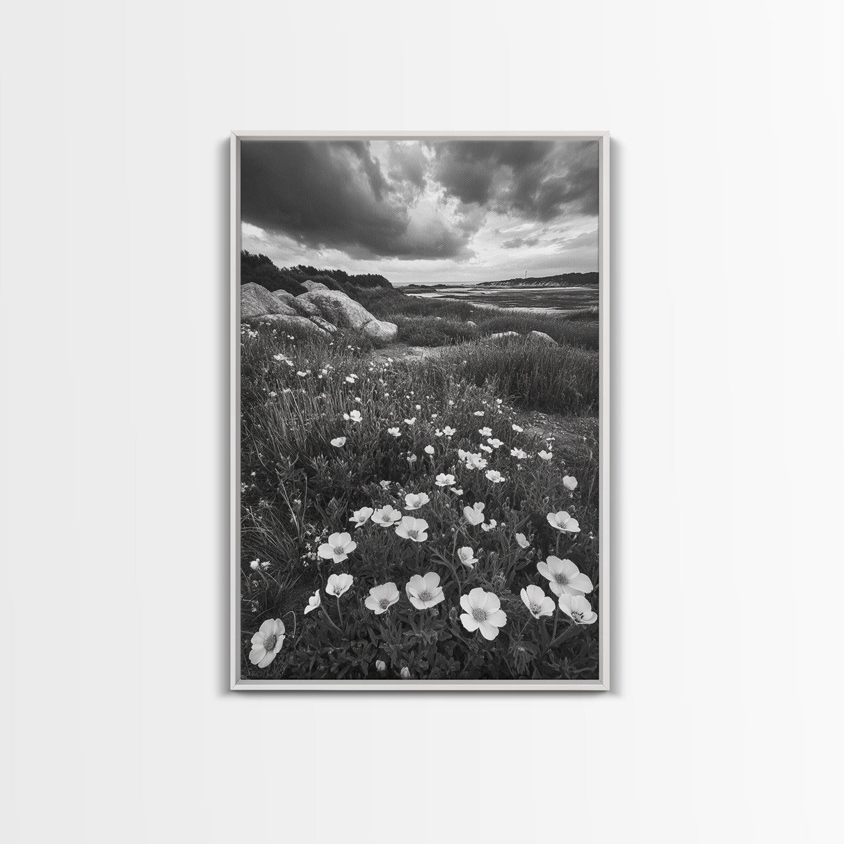 Meadow Bloom, Coastal Flowers, Stormy Sky, Framed Canvas Print, Spring Wall Art, Nature Photography, Kitchen Botanical Decor