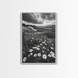 Meadow Bloom, Coastal Flowers, Stormy Sky, Framed Canvas Print, Spring Wall Art, Nature Photography, Kitchen Botanical Decor
