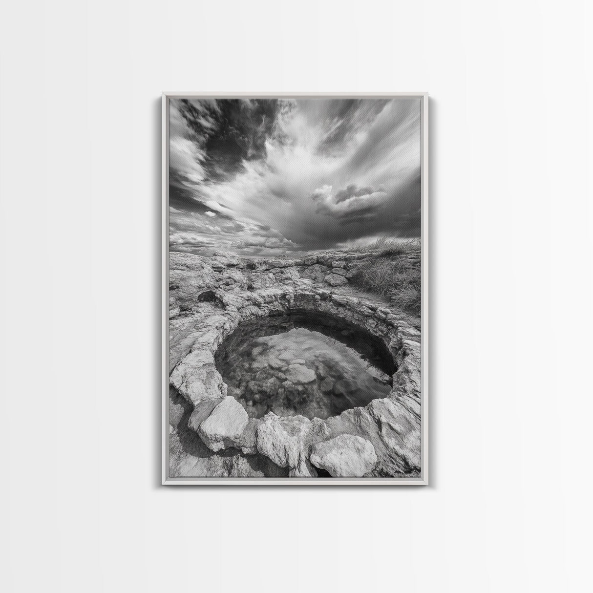 Natural Stone Pool, Sky Reflections, Framed Canvas Print, Bathroom Wall Art, Earthy Neutral Decor, Minimalist Landscape