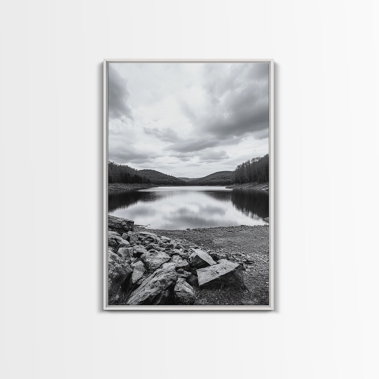 Misty Lake View, Peaceful Reflections, Nature Tranquility, Framed Canvas Print, Bedroom Wall Art, Black and White Landscape, Minimalist Art