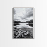 Misty Lake View, Peaceful Reflections, Nature Tranquility, Framed Canvas Print, Bedroom Wall Art, Black and White Landscape, Minimalist Art