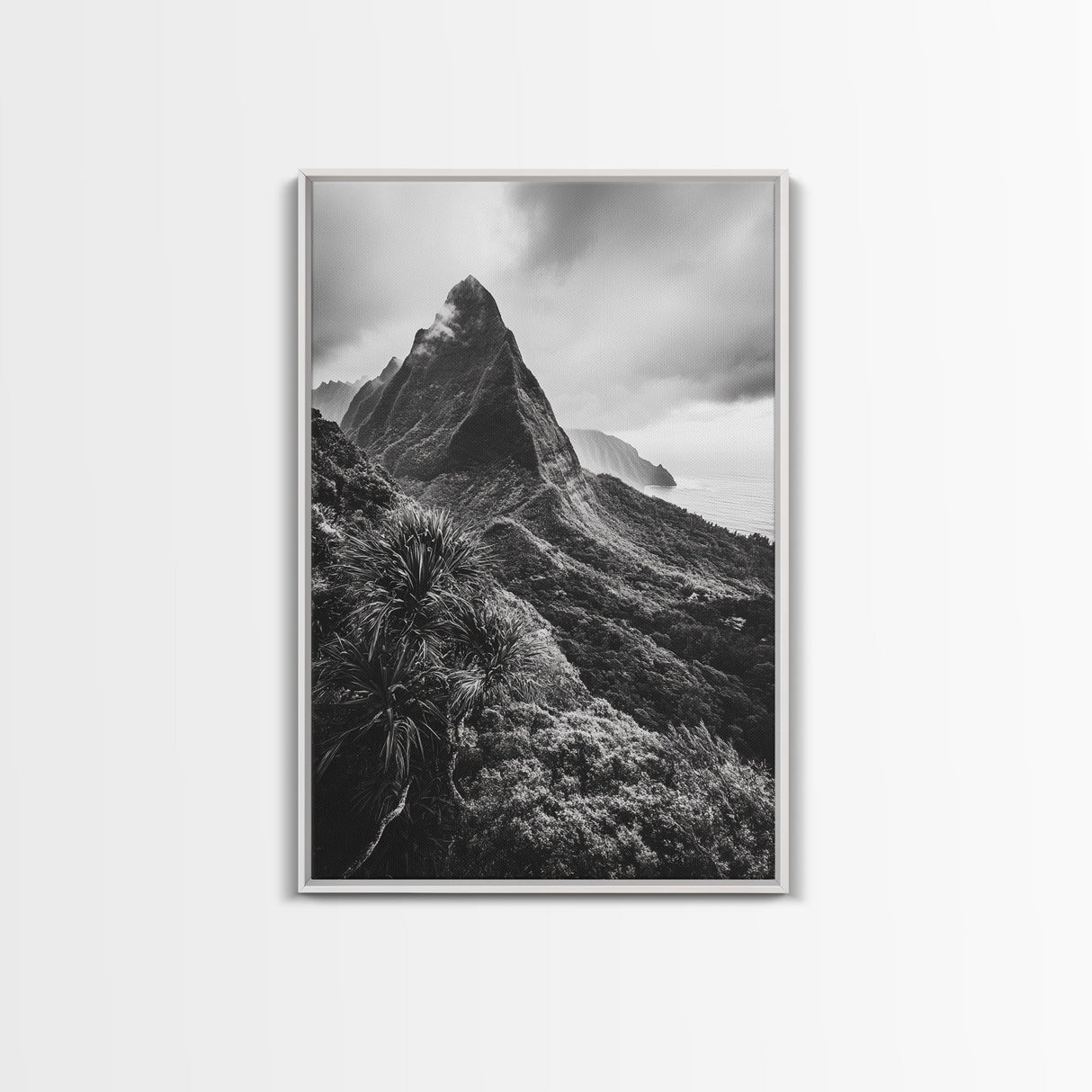 Lush Mountain Range, Cloud Covered Peaks, Jungle Tranquility, Framed Canvas Print, Entryway Wall Art, Black and White Nature, Boho Wall Art
