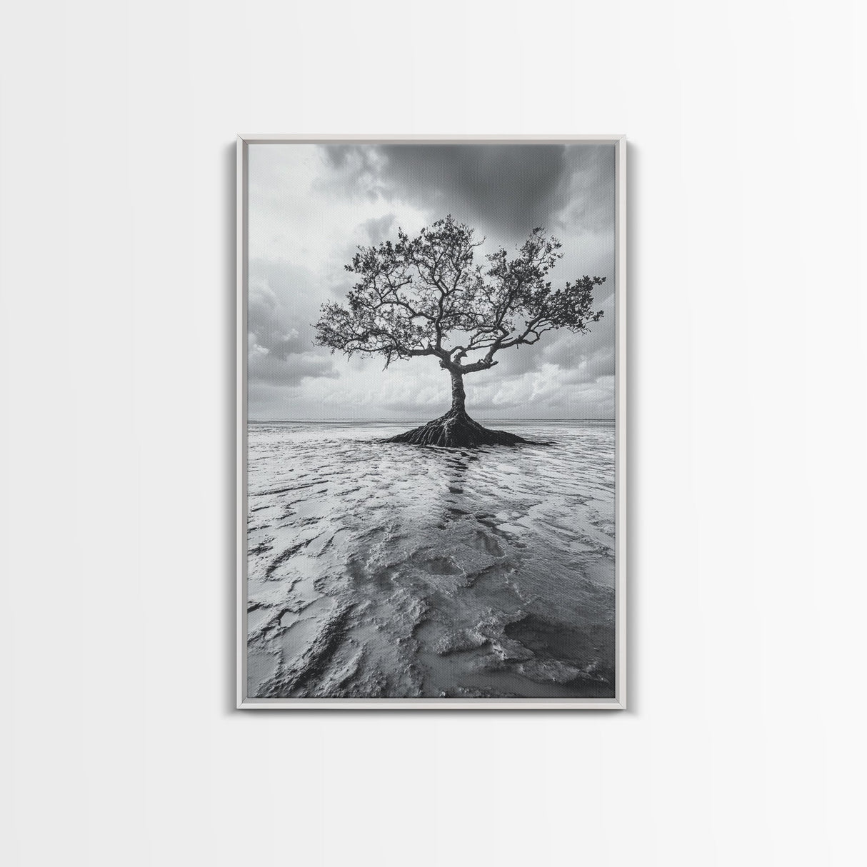 Lonely Tree, Coastal Roots, Ocean Breeze, Framed Canvas Print, Entryway Wall Art, Moody Nature Photography, Minimalist Earth Tones