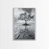 Lonely Tree, Coastal Roots, Ocean Breeze, Framed Canvas Print, Entryway Wall Art, Moody Nature Photography, Minimalist Earth Tones