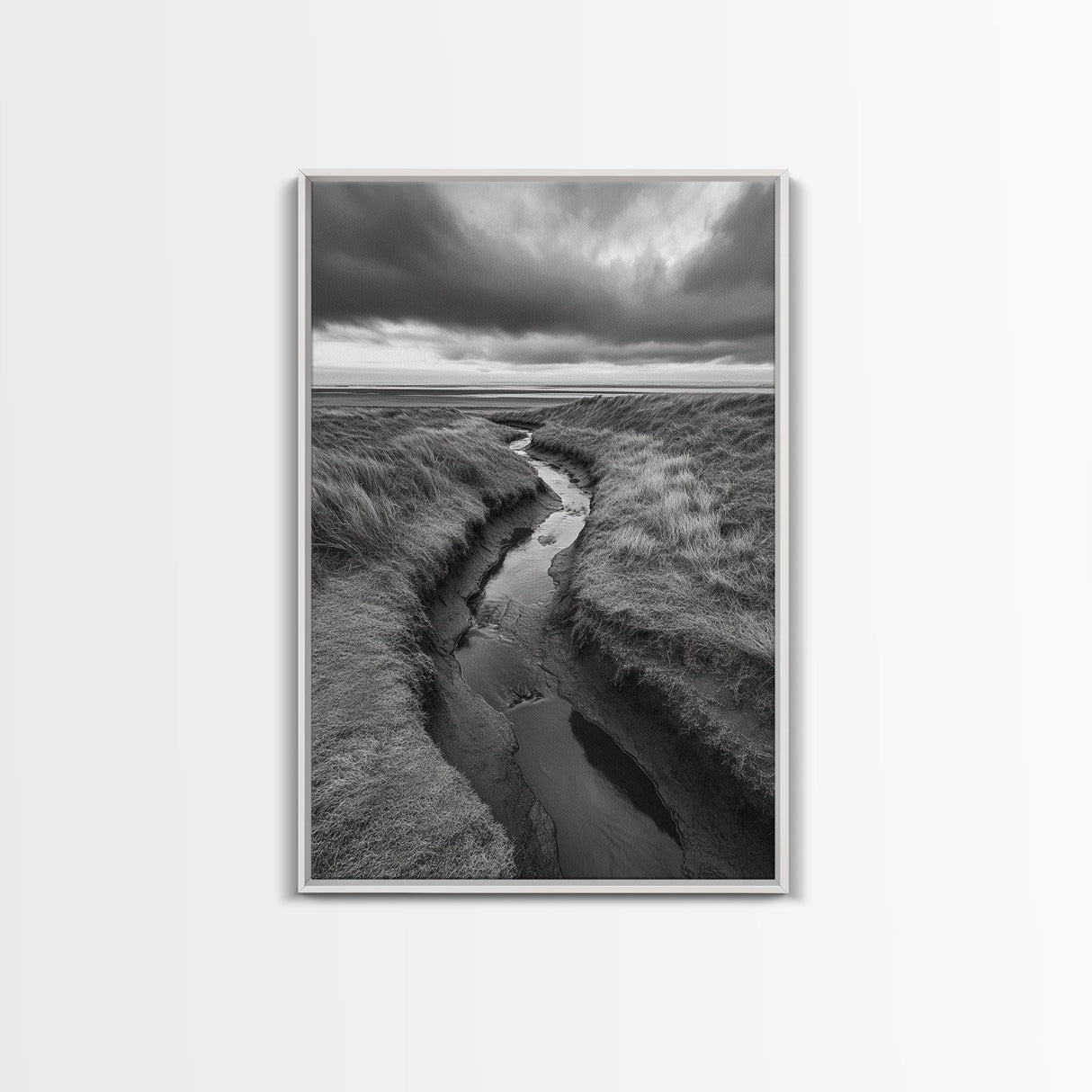 Winding Stream, Grassy Dunes, Ocean Horizon, Canvas Print, Kitchen Wall Art, Black and White Nature Scene, Coastal Rustic Decor