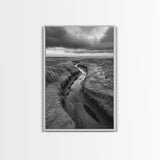 Winding Stream, Grassy Dunes, Ocean Horizon, Canvas Print, Kitchen Wall Art, Black and White Nature Scene, Coastal Rustic Decor