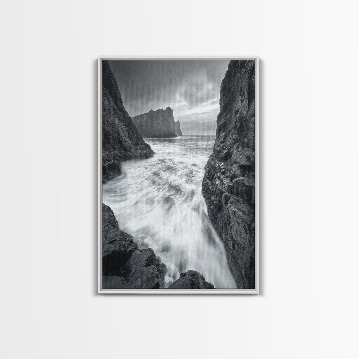 Stormy Coast, Crashing Waves, Ocean Drama, Framed Canvas Print, Living Room Wall Art, Bold Seascape Photography, Monochrome Modern Art