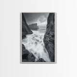 Stormy Coast, Crashing Waves, Ocean Drama, Framed Canvas Print, Living Room Wall Art, Bold Seascape Photography, Monochrome Modern Art