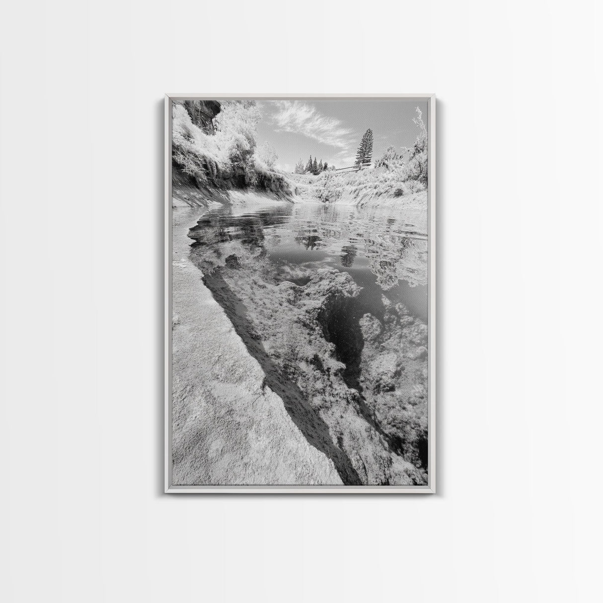 Reflective Riverbed, Nature Tranquility, Monochrome Landscape, Canvas Print, Bathroom Wall Art, Zen Decor, Fine Art Photography