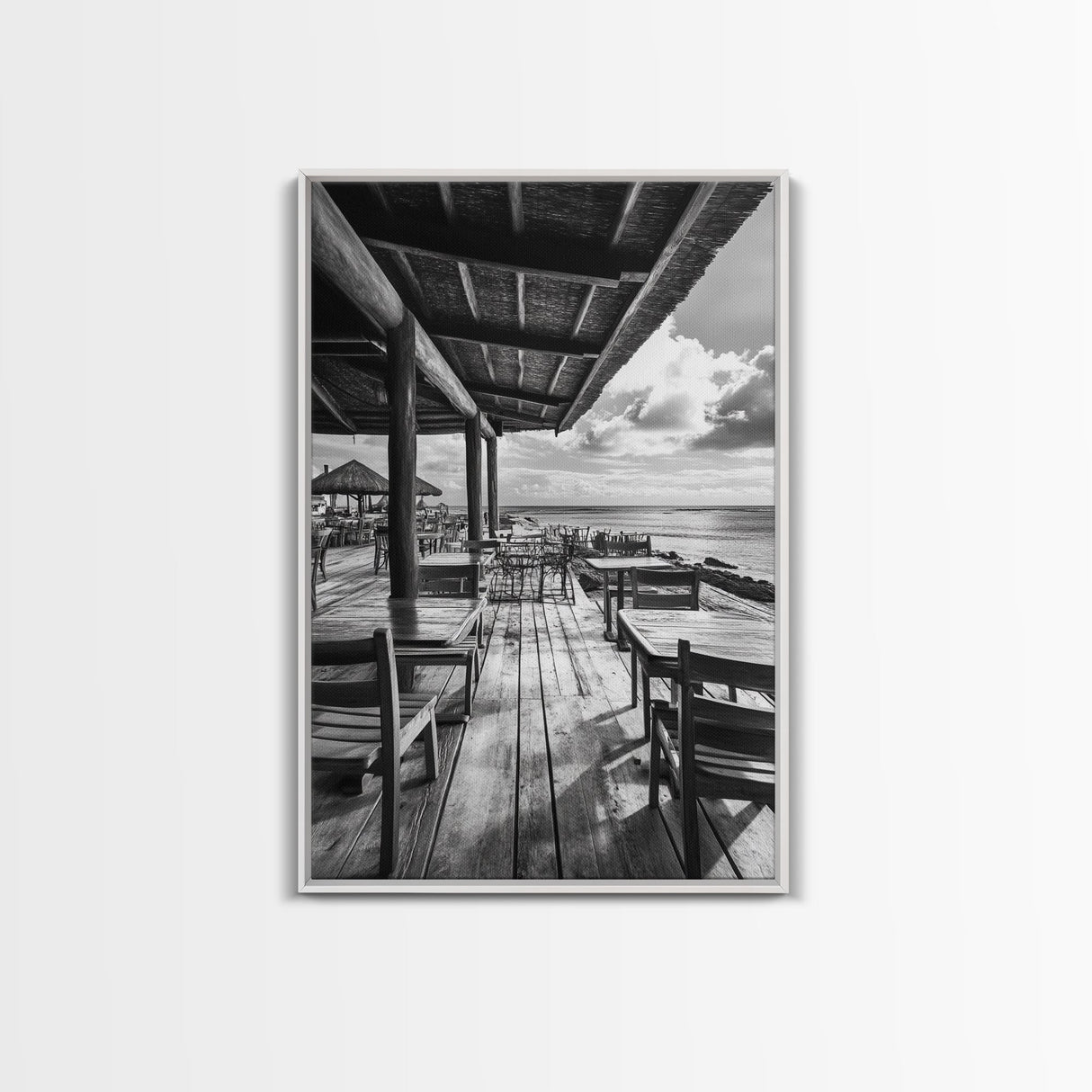 Seaside Café, Coastal Patio, Ocean View, Canvas Print, Rustic Kitchen Wall Art, Tropical Dining Decor, Travel Lifestyle Art