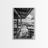 Seaside Café, Coastal Patio, Ocean View, Canvas Print, Rustic Kitchen Wall Art, Tropical Dining Decor, Travel Lifestyle Art