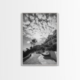 Mediterranean Villa, Palm Tree Art, Coastal Pathway, Framed Canvas Print, Living Room Decor, Summer Wall Art, Black and White Photography