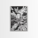 Windmill Hill, Dramatic Sky Art, European Landscape, Framed Canvas Print, Entryway Wall Art, Rustic Decor, Monochrome Photography