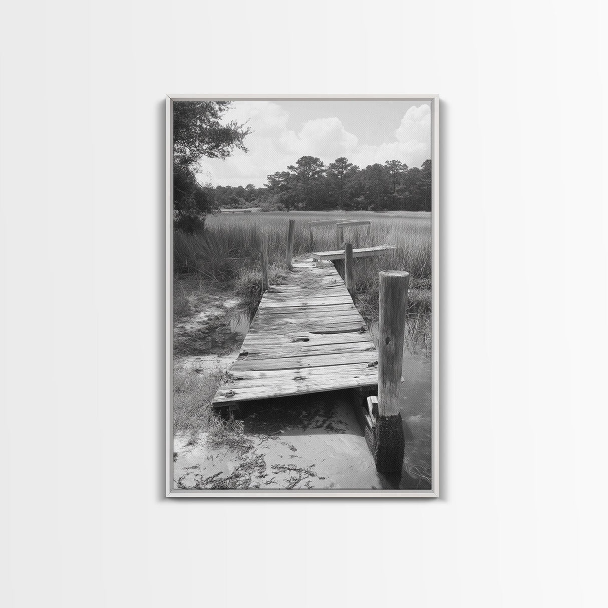 Marsh Dock, Southern Nature, Weathered Pier, Framed Canvas Print, Guest Room Wall Art, Rural Landscape, Fall Wall Art, Country Style