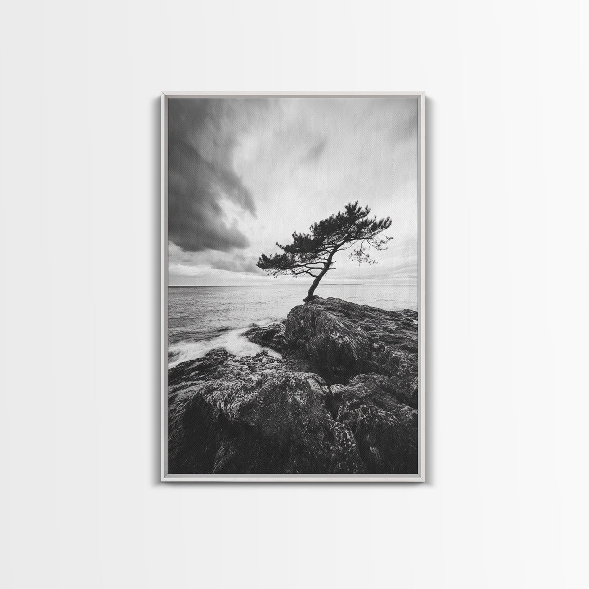 Lone Tree, Cliffside Ocean, Windy Coast Art, Framed Canvas Print, Bedroom Wall Art, Modern Nature Photography, Coastal Minimalist Decor