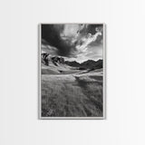 Mountain Valley, Stormy Sky, Western Landscape, Framed Canvas Print, Office Wall Art, Moody Nature Decor, Fall Art, Wilderness Style