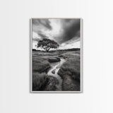 Solitary Tree, Storm Sky, Tranquil Meadow, Nature Landscape, Framed Canvas Print, Rustic Decor, Fall Wall Art, Bedroom Minimalist Art
