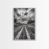 Forest Trail, Overcast Sky, Nature Pathway, Moody Landscape, Framed Canvas Print, Office Wall Art, Woodland Autumn Decor