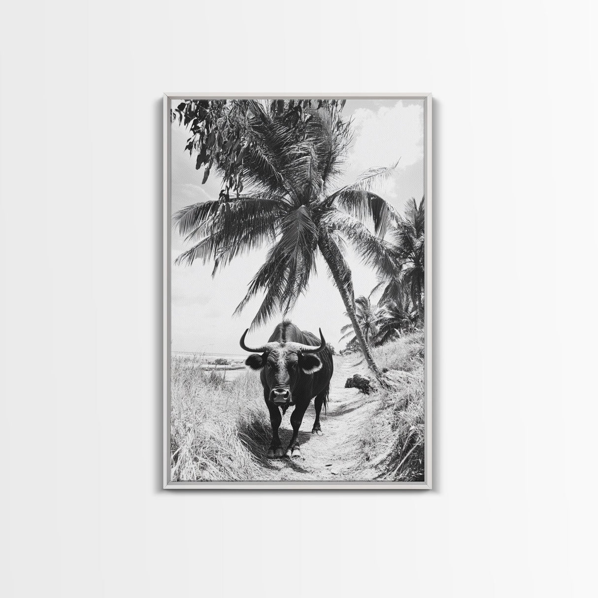 Tropical Bull, Palm Tree, Island Wildlife, Rural Photography, Framed Canvas Print, Kitchen Wall Art, Exotic Boho Decor, farmhouse decor