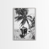 Tropical Bull, Palm Tree, Island Wildlife, Rural Photography, Framed Canvas Print, Kitchen Wall Art, Exotic Boho Decor, farmhouse decor