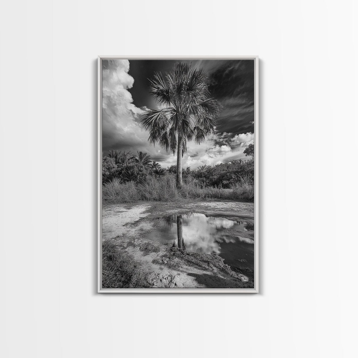 Tropical Palm, Reflected Sky, Nature Tranquility, Canvas Print, boho wall decor, bathroom art, tropical reflection photography