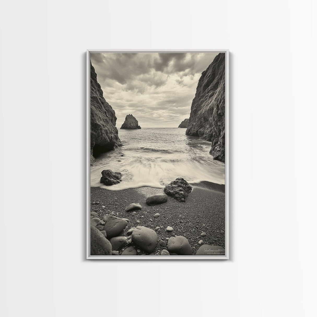 Secluded Cove, Rocky Shoreline, Ocean Retreat, Canvas Print, neutral beach art, living room decor, coastal nature photography