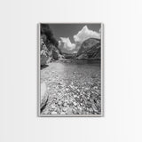 Rocky Beach, Crystal Water, Mountain Backdrop, Framed Canvas Print, tranquil lake art, minimalist decor, natural wall art
