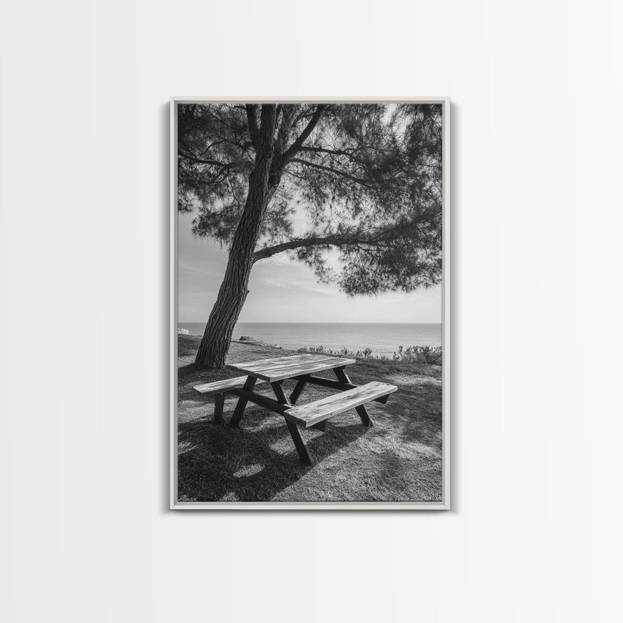 Seaside Bench, Peaceful Escape, Shaded Picnic, Canvas Print, nature photography, coastal wall art, relaxing ocean decor, Minimalist Decor