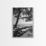 Seaside Bench, Peaceful Escape, Shaded Picnic, Canvas Print, nature photography, coastal wall art, relaxing ocean decor, Minimalist Decor