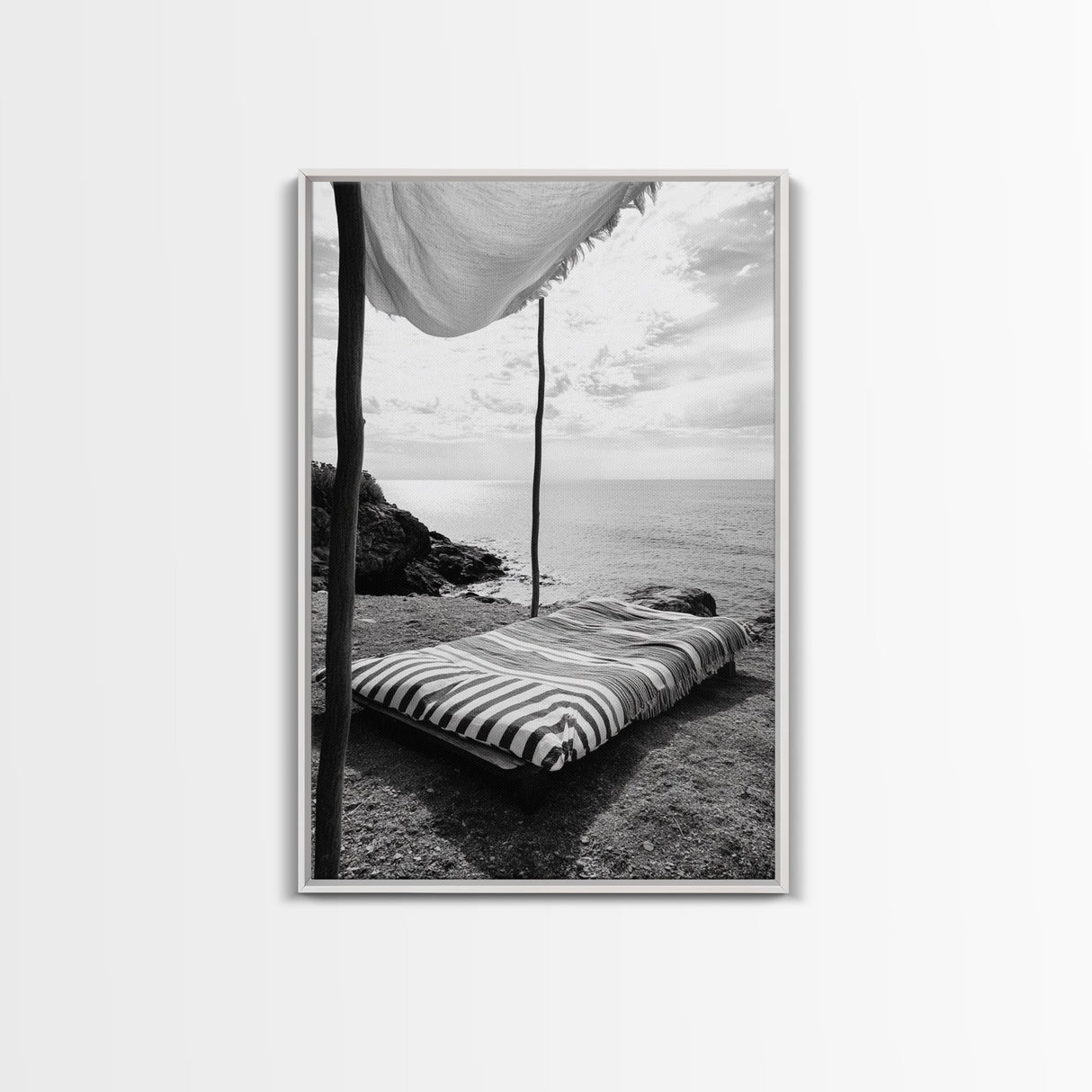 Seaside Nap, Minimal Daybed, Coastal Shade, Serene Moment, Canvas Print, Beach Bedroom Decor, Boho Seaside Art, Coastal Wall Style