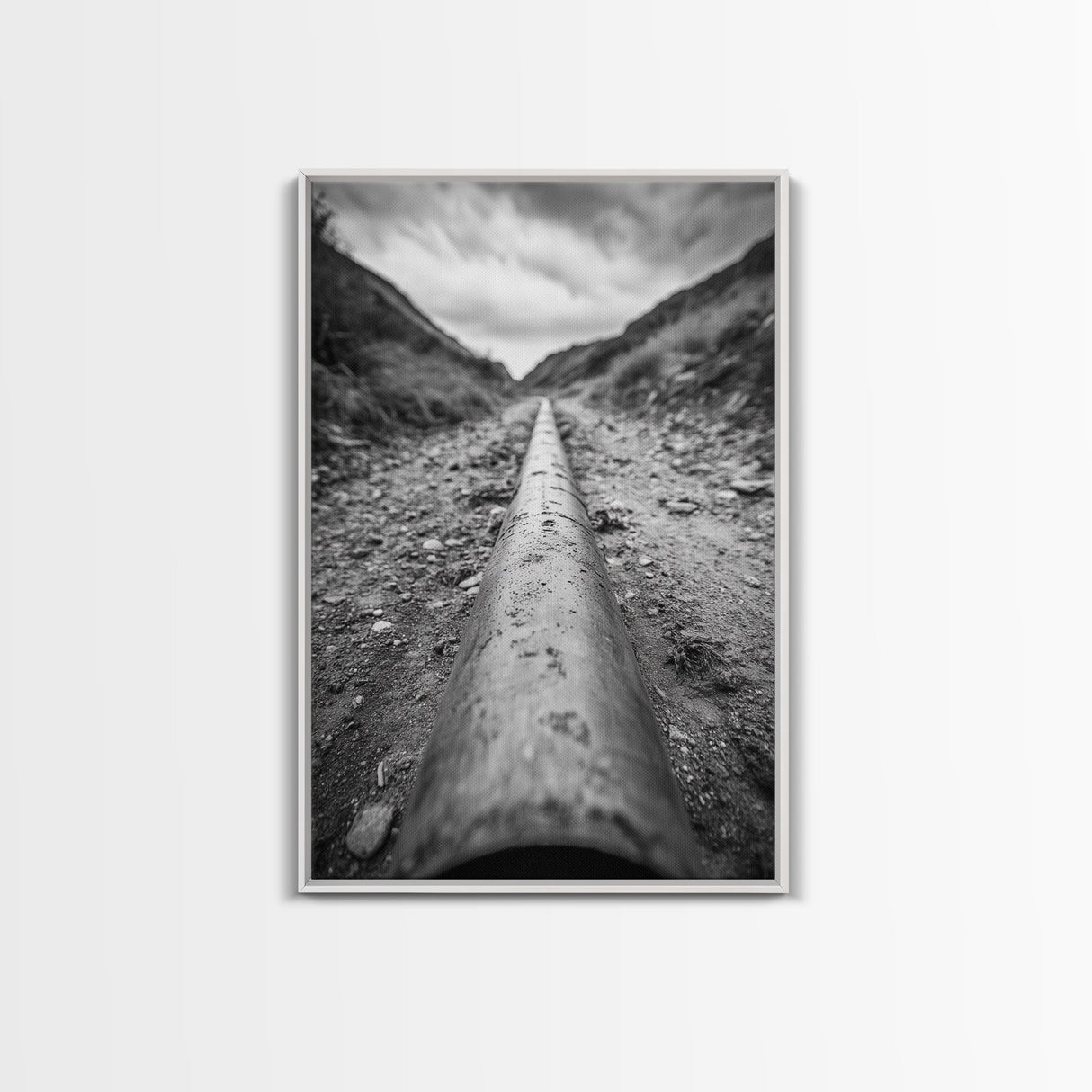 Industrial Line, Utility Pipe, Grunge Road, Canvas Print, Black White Photography, Modern Loft Decor, Urban Wall Art, Minimalist Style