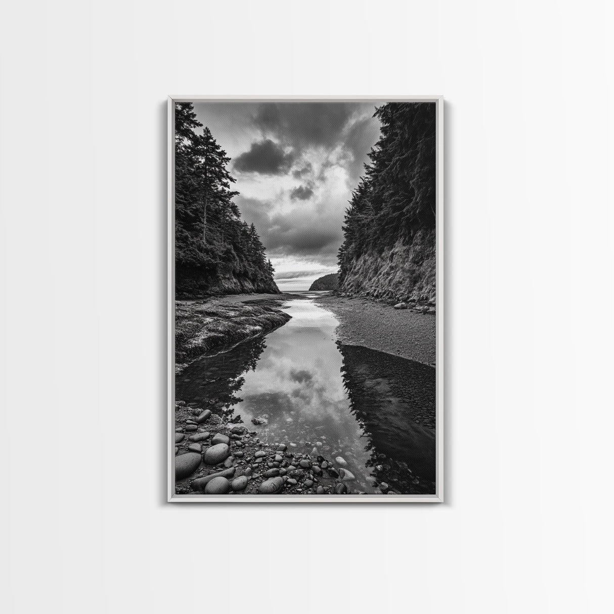 Tide Pool, Forest Reflection, Coastal Calm, Framed Canvas Print, Black White Nature Art, Bathroom or Bedroom Decor, Tranquil Scene