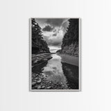 Tide Pool, Forest Reflection, Coastal Calm, Framed Canvas Print, Black White Nature Art, Bathroom or Bedroom Decor, Tranquil Scene