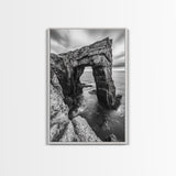 Sea Arch, Coastal Rock, Ocean Cliffside, Canvas Print, Dramatic Nature Wall Art, Living Room or Office Decor, Black White Seascape
