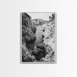 Mountain Gorge, Rugged Canyon, Flowing Stream, Wilderness Explorer, Framed Canvas Print, Cabin Wall Art, Adventurous Rustic Style