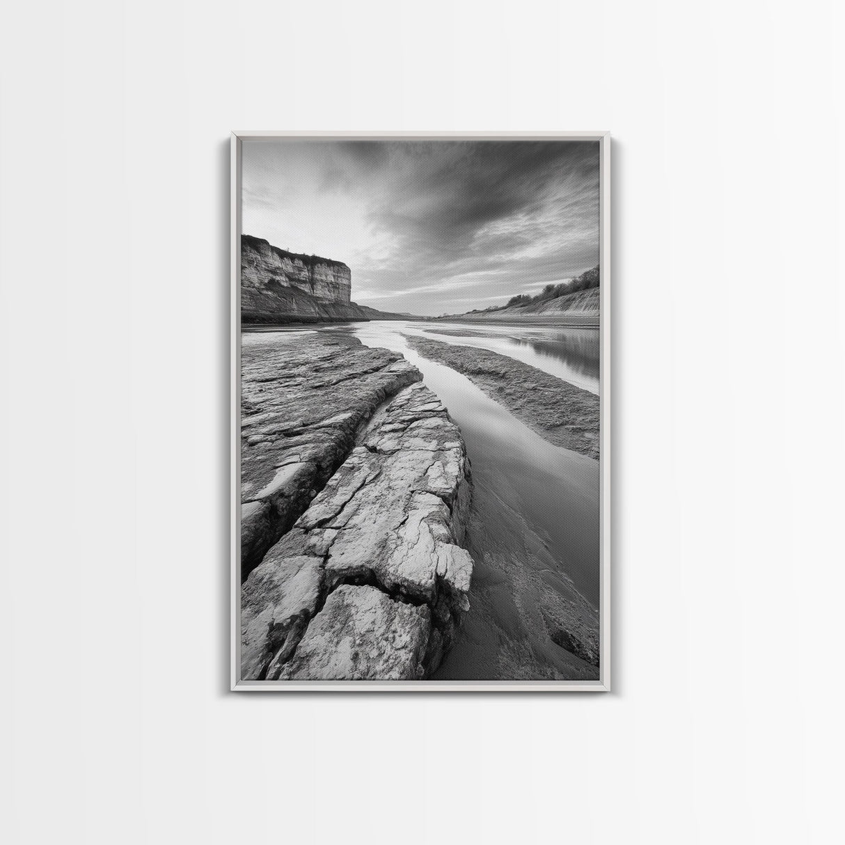 Eroded Riverbed, Desert Rock, Serene Canyon, Long Exposure, Framed Canvas Print, Earth Tones, Dining Room Decor, Nature Inspired