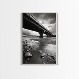 Stormy Bridge, River Rocks, Dramatic Sky, Modern Landscape, Framed Canvas Print, Moody Photography, Office Wall Art, Minimalist Decor