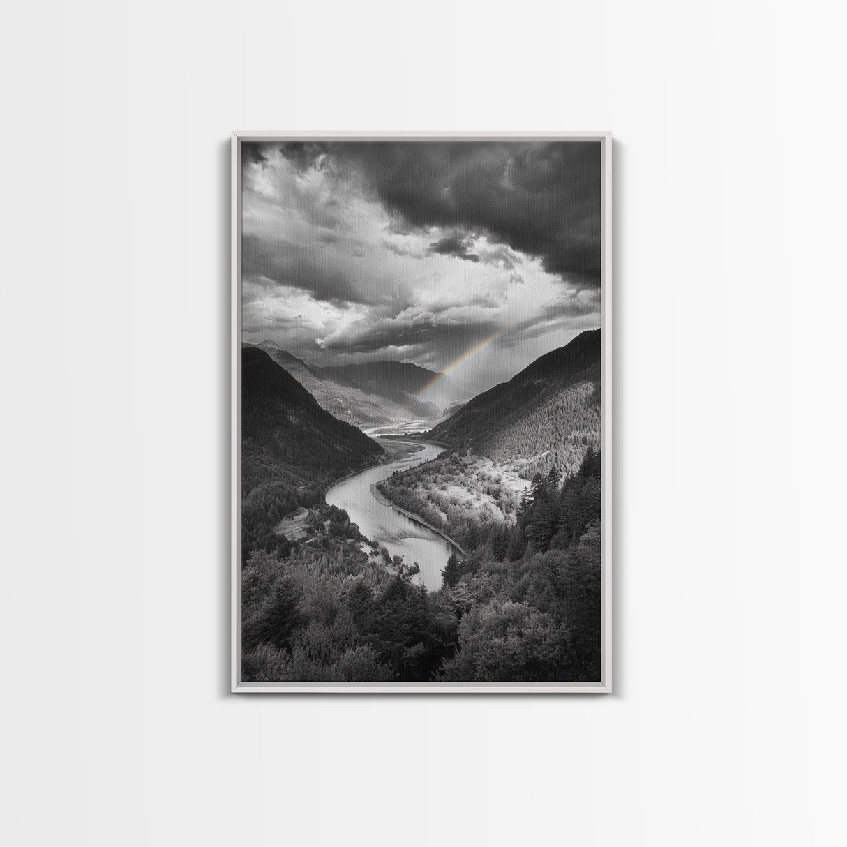 Mountain Valley, Rainbow River, Forest Panorama, Cloud Drama, Framed Canvas Print, Living Room Wall Art, Tranquil Nature, Scenic Beauty