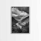 Mountain Valley, Rainbow River, Forest Panorama, Cloud Drama, Framed Canvas Print, Living Room Wall Art, Tranquil Nature, Scenic Beauty