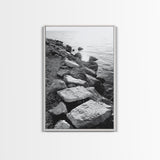 Shore Rocks, Sunlit Ocean, Rugged Texture, Minimal Horizon, Framed Canvas Print, Entryway Wall Art, Beach Decor, Neutral Tones
