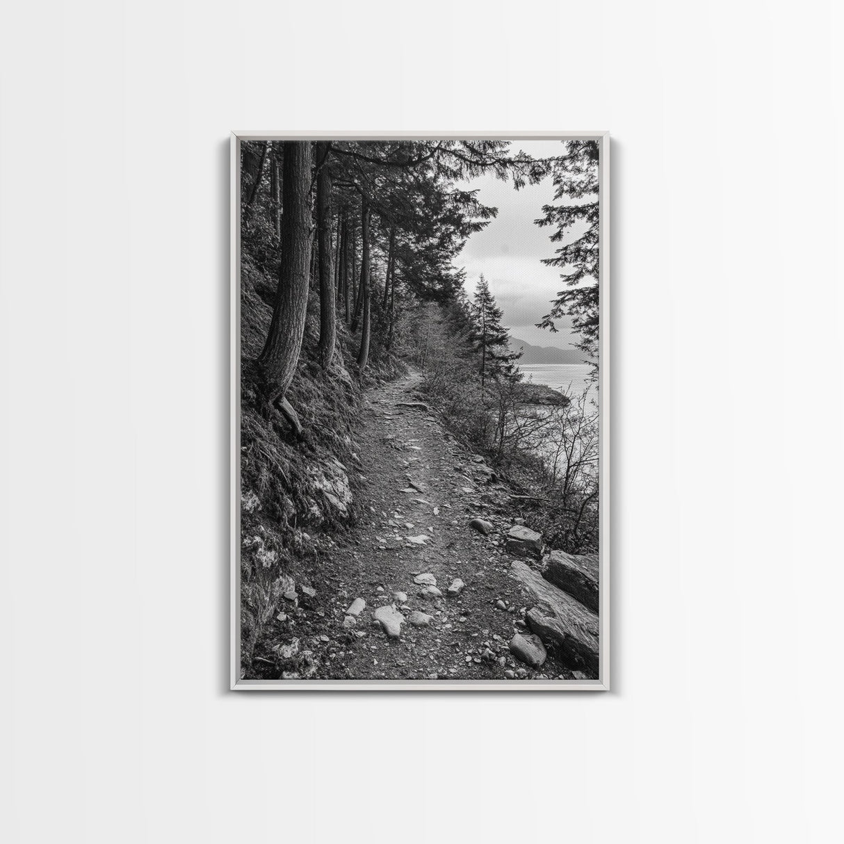 Forest Pathway Trail, Wilderness Escape, Rustic Nature, Black and White Framed Canvas Print, Cozy Cabin or Entryway Wall Art
