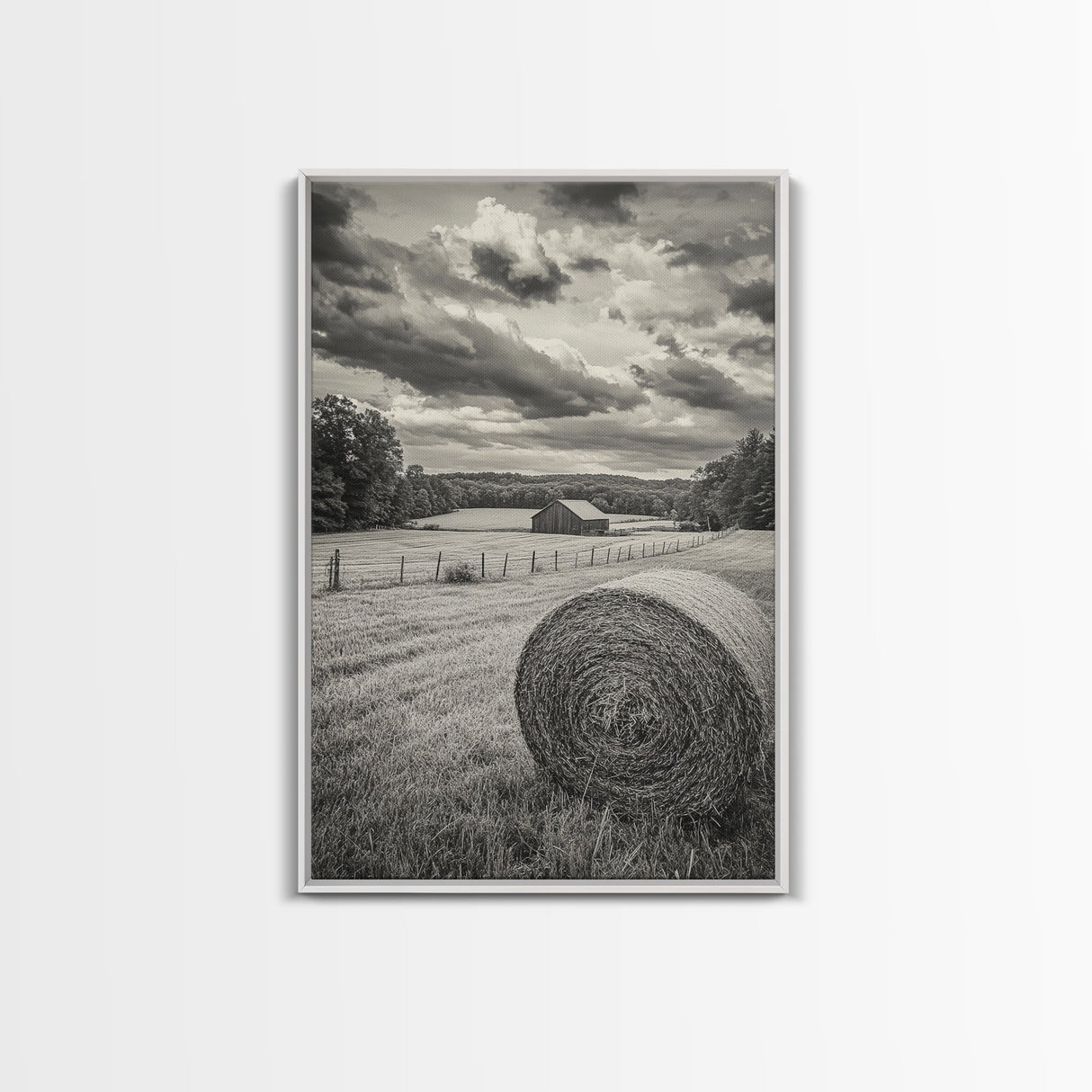 Autumn Hay Bale, Farm Field Scene, Country Landscape, Black and White Canvas Print, Rustic Kitchen or Fall Living Room Wall Art