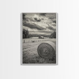 Autumn Hay Bale, Farm Field Scene, Country Landscape, Black and White Canvas Print, Rustic Kitchen or Fall Living Room Wall Art